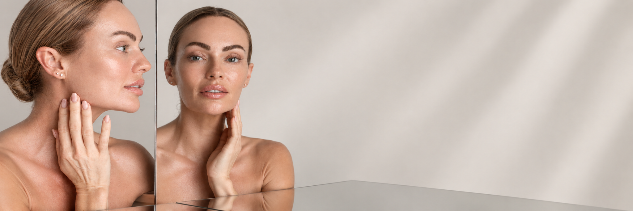 Woman touching her cheek with subtly dry and dehydrated skin in a light luxury beauty portrait